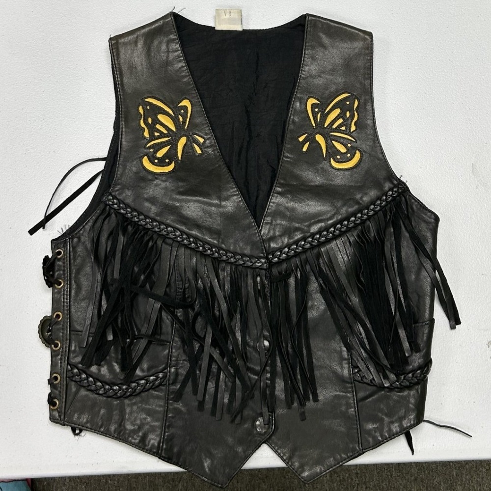 Vintage Leather Fringe Vest Womens M Black Butterfly Embroidery Lace Up USA Made